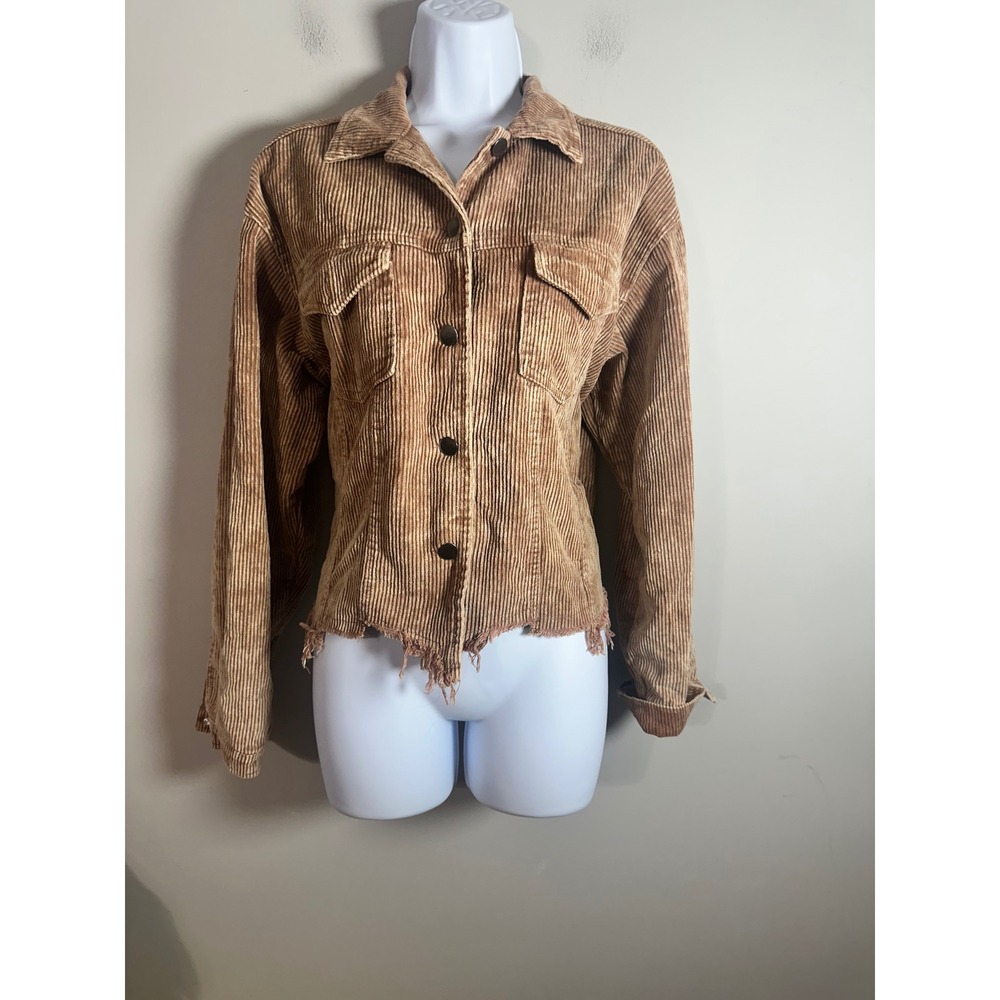 POL Womens Tan Corduroy Relaxed Fit Frayed Hem Button Up Shacket Jacket Size S